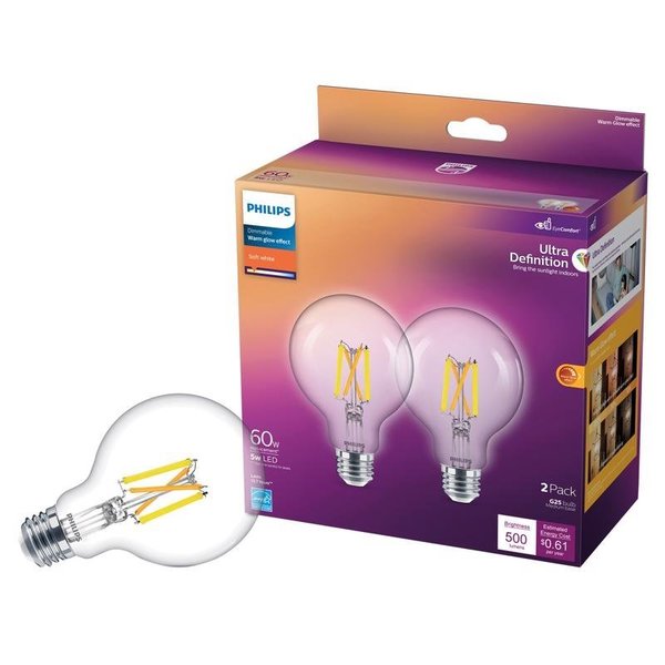 Philips G25 E26 Medium LED Bulb Soft White 60 Watt Equivalence 2 pk 564906
